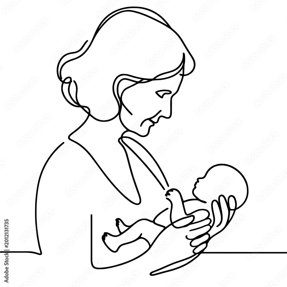 Fototapeta premium Elderly woman rocking baby doll in arms one line illustration