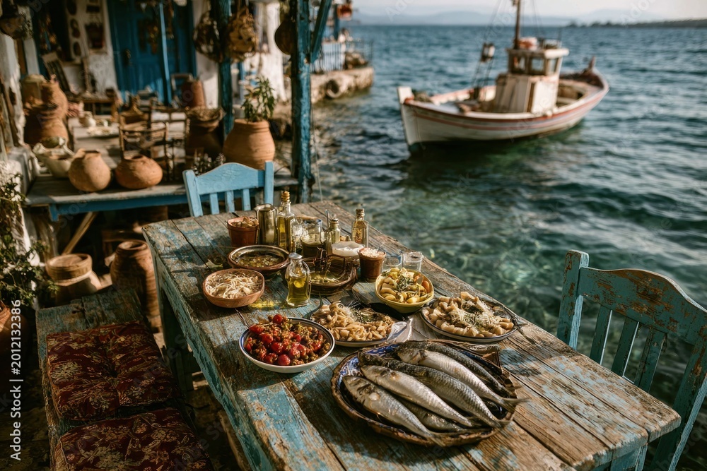 Fototapeta premium Fresh Mediterranean Seafood Feast by the Waterfront