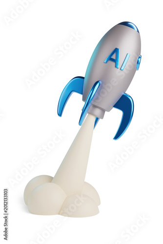 Cartoon spaceship taking off AI text isolated on white background. Artificial intelligence concept. 3d illustration.