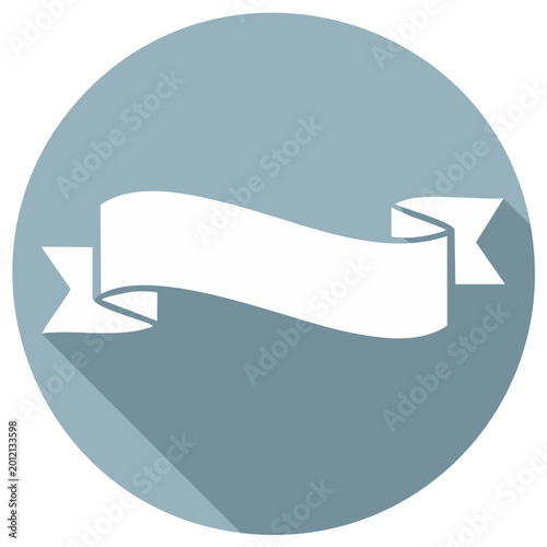 Modern white wavy ribbon banner icon on a soft blue gray circle with long shadow and flat design aesthetic