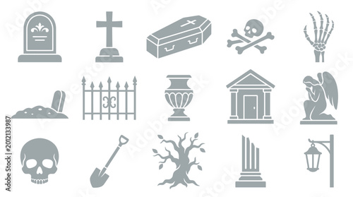 Schilderij op canvas Set of gray funeral and burial related icons including tombstone, cross, coffin, skull, and cemetery elements