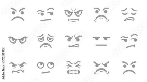 Fotografía Set of various angry, sad, and frustrated facial expressions in gray tones on a white background, depicting negative emotions and moods