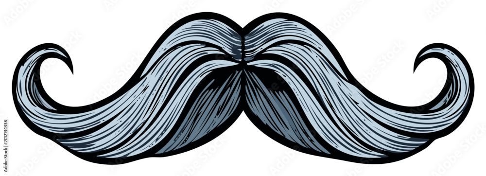 Fototapeta premium Detailed light blue vintage mustache vector illustration, ornate curly hair, isolated