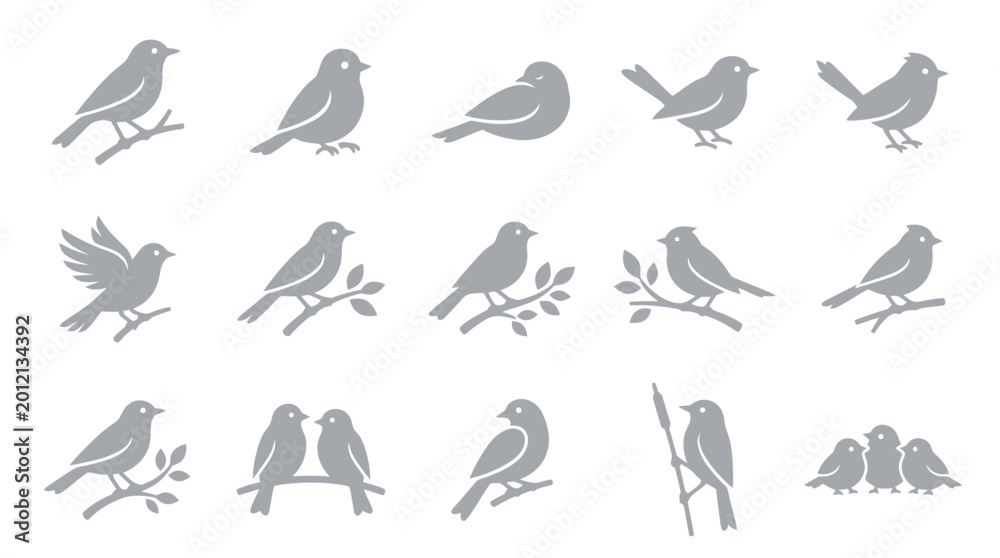 Fototapeta premium Collection of various bird silhouettes in different poses and settings, ideal for nature-themed designs.