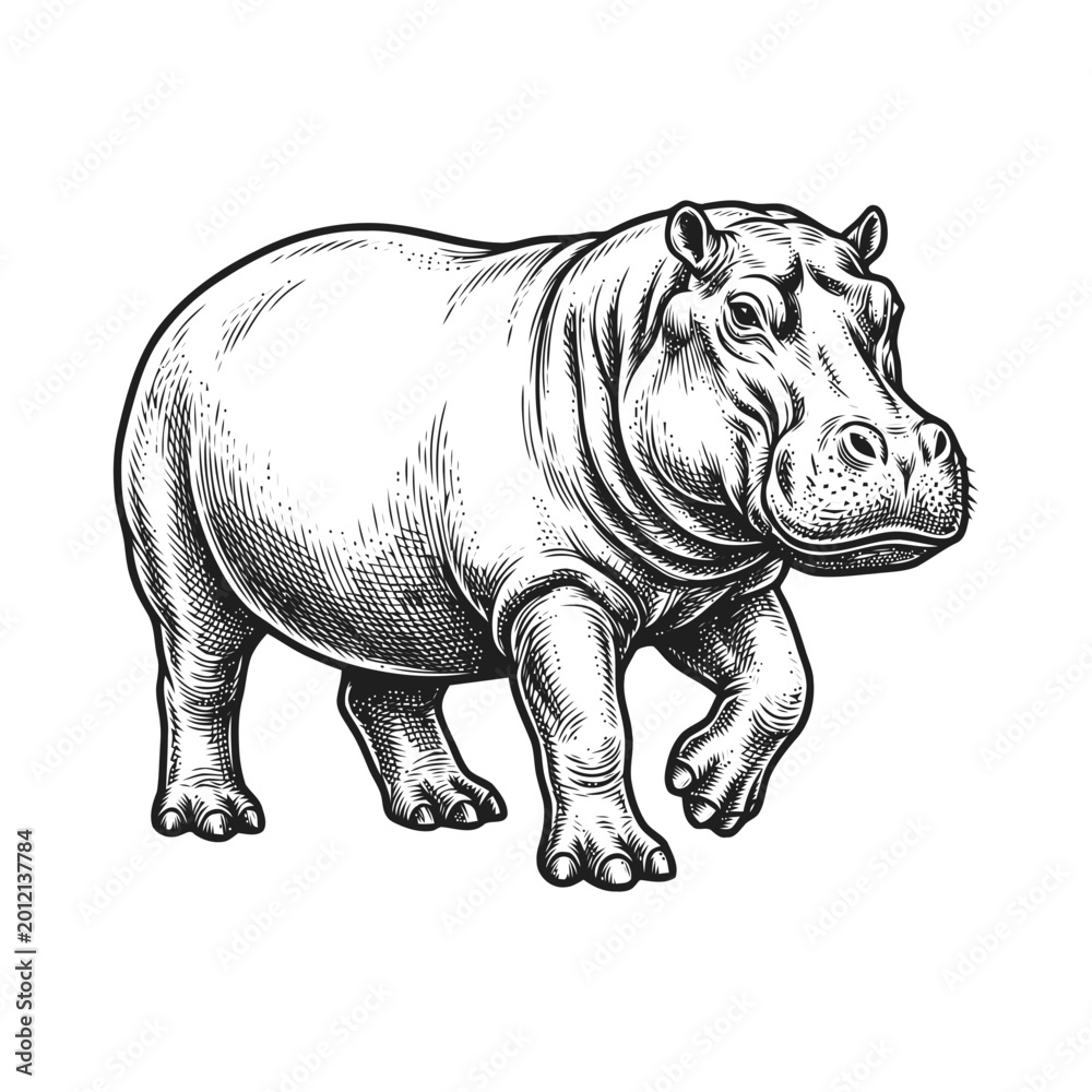 Fototapeta premium A detailed illustration of a standing hippopotamus in a natural environment.