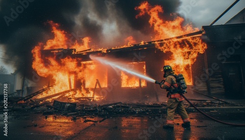 Φωτογραφία A firefighter in full protective gear aims a hose to battle a raging structural fire consuming a building