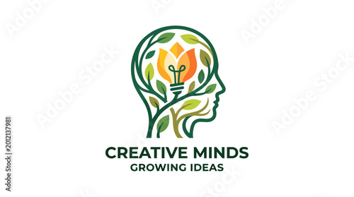 Foto This logo concept represents a human head silhouette filled with green leaves and a lightbulb, symbolizing creativity, growth, and innovative thinking