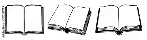 Bild auf Leinwand Books set with black line art, white background featuring books, pages, cover wi