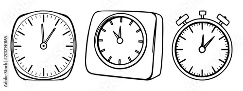 Фотография Timer set with black line art on white background featuring countdown, stopwatch