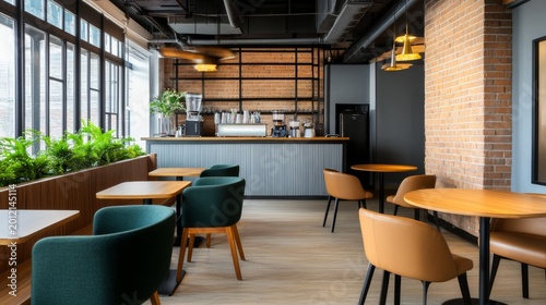 Industrial-chic cafe interior wide view with exposed brick, vibrant window plants, sleek coffee bar and varied cozy seating, blending modern design with a warm, urban vibe. Cafe, Urban