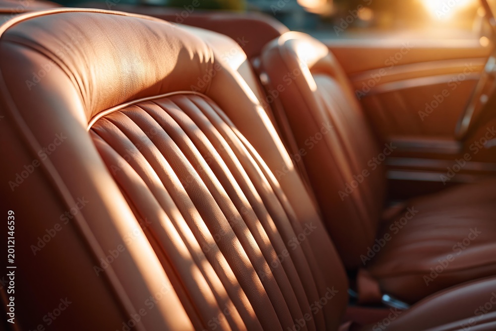 Fototapeta premium Luxury vintage car interior with plush leather seats and golden hour lighting