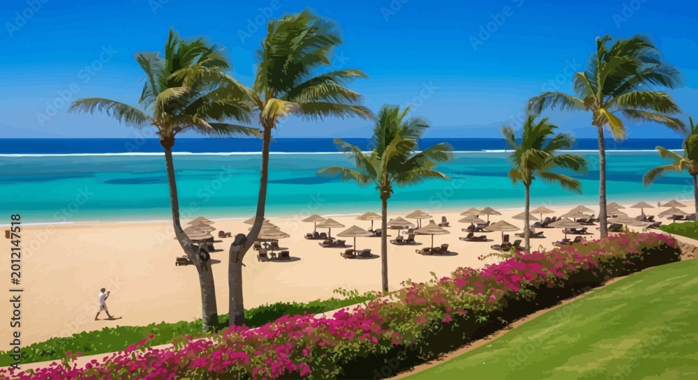 Obraz premium Tropical beach, palm trees, pink flowers, turquoise ocean, sunny resort landscape
