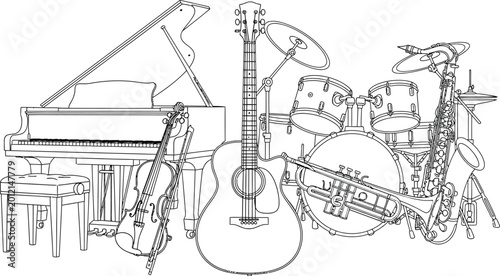 Various musical instruments including piano, guitar, drums, and saxophone in a vector illustration
