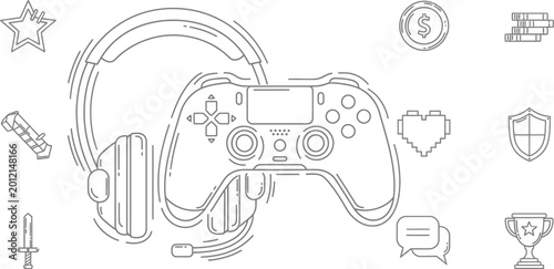 Gaming controller with headset and various gaming icons around it for online gaming success