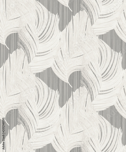 Seamless sophisticated grey abstract texture with high-quality large white flowing feather motifs on a soft striped background for an elegant look
