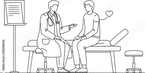 Doctor and patient discussing health in a clinic with a heart symbol