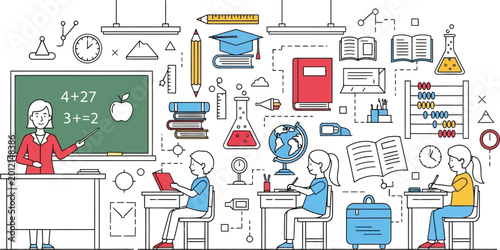 Teacher and students in a classroom with educational elements around them vector illustration