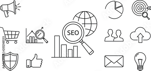 Seo and digital marketing icons for business and online strategy optimization design