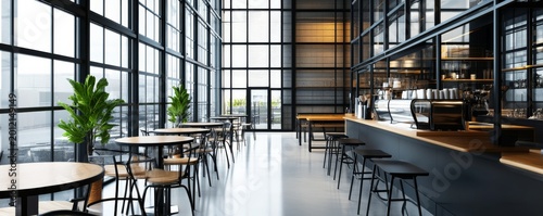 Modern, spacious cafe interior high glass windows, minimalist blackwood bar, sleek round tables and lush green plants. Contemporary urban design, inviting empty space., cafe design,