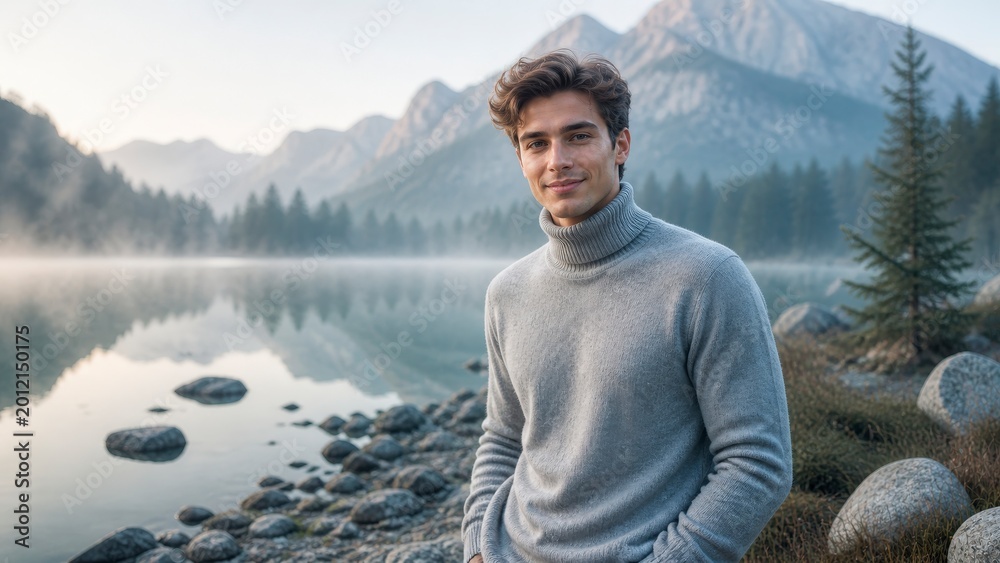 Fototapeta premium Young man in grey turtleneck sweater standing by mountain lake