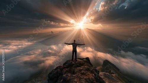 Man with outstretched arms on mountain peak basking in dramatic sun rays breaking through clouds