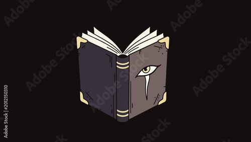 Mysterious open book with an ancient eye symbol and tear, magic spellbook on dark background, occult lore and wisdom concept art