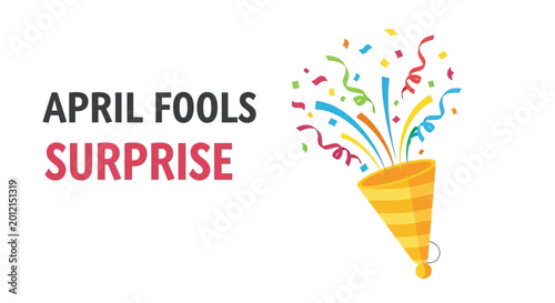 Foto April Fools Surprise with a colorful party popper and flying confetti