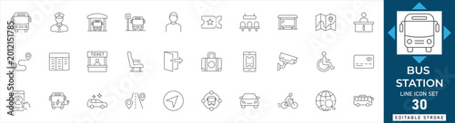Foto Bus station line icon set featuring public transport, terminal, bus stop, schedule, ticket, and travel navigation