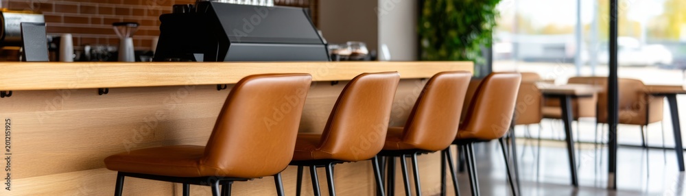 Fototapeta premium Warm and modern cafe interior features a row of tan leather bar stools at a light wood counter, with a coffee bar and outdoor view. Serene, awaiting patrons.,Cafe ,Modern
