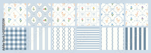 Fotografie Coquette floral trellis seamless pattern with bows, flowers, goose and chicken