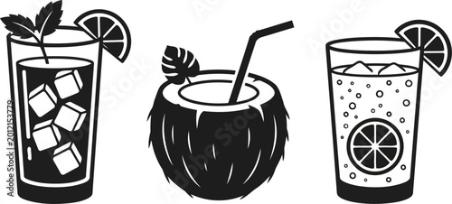 Refreshing summer tropical drinks icons coconut iced tea and citrus beverage with ice cubes