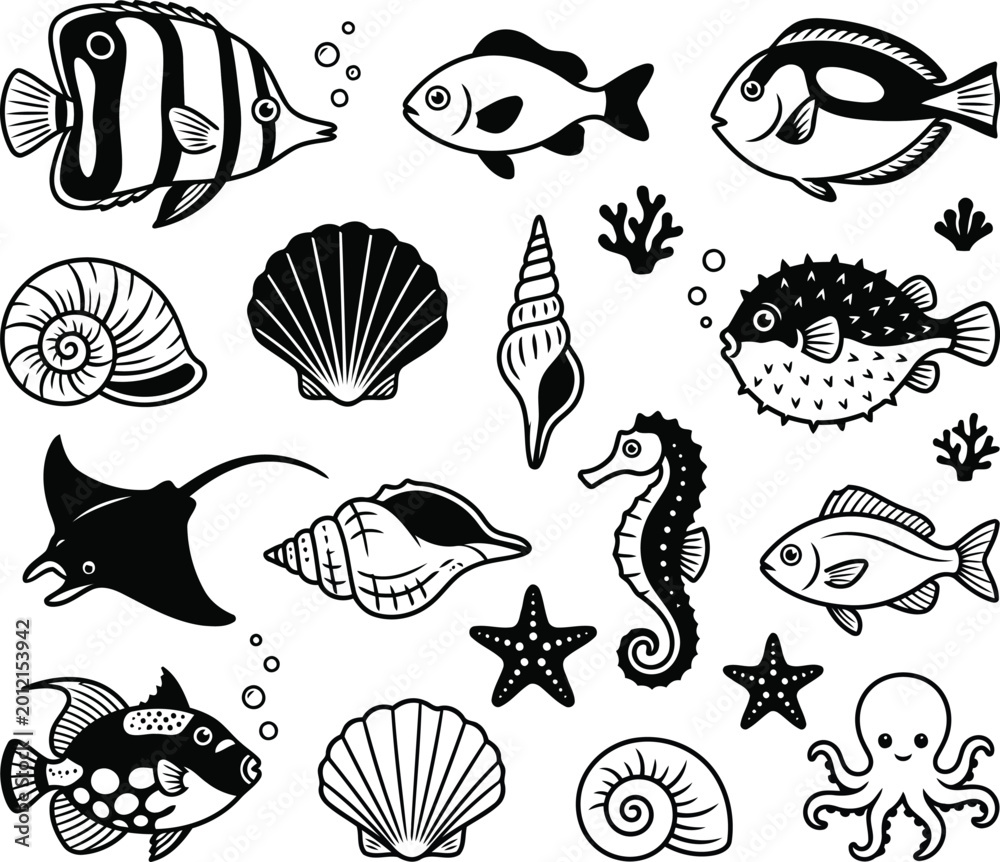 Obraz premium Black and white flat vector illustrations of ocean life summer set isolated on white background