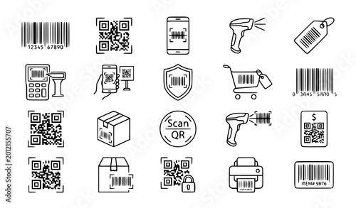Hand drawn barcode and QR code outline icon set with scanning payment and digital label symbols vector collection