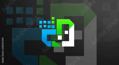 Stylized digital letter D logo with green and blue pixels