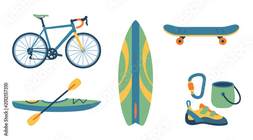 Φωτογραφία Collection of colorful outdoor sporting equipment including a bicycle surfboard