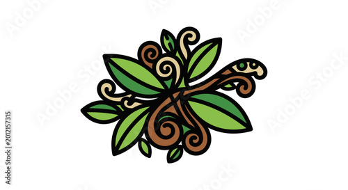 Stylized green leaves and brown decorative swirls on white background