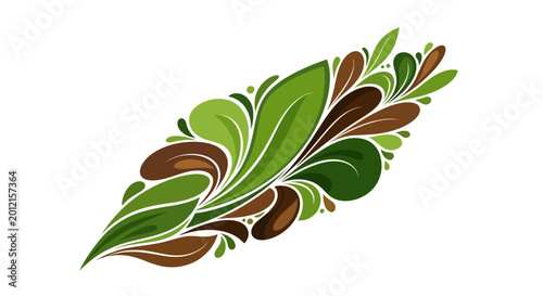 Stylized green leaves and coffee beans on white background