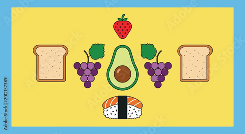 Symmetrical flat food icons on yellow and blue background