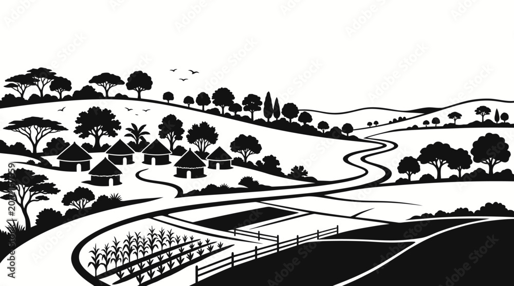 Obraz premium Black and white illustration of an African rural landscape with traditional huts, winding roads, fields, and various trees under a clear sky.