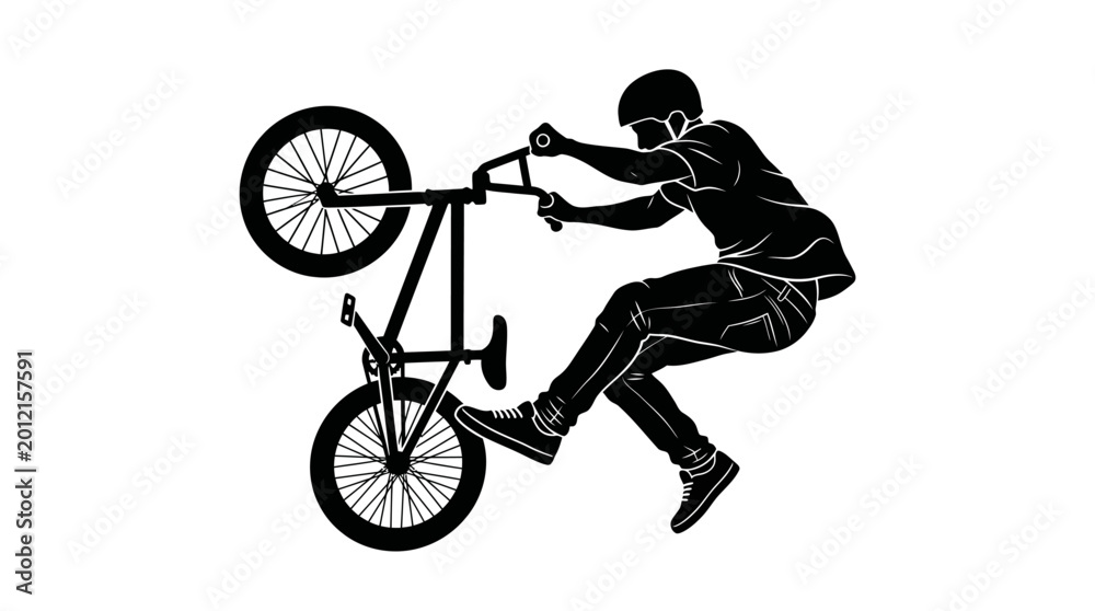 Naklejka premium Dynamic black and white silhouette illustration of a person performing a high wheelie trick on a BMX bike.