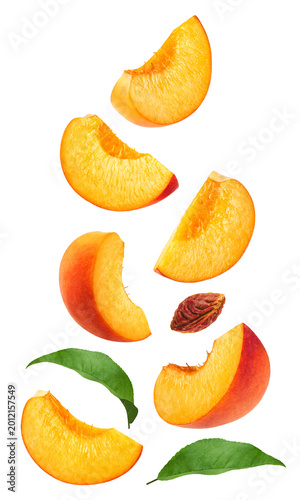 Isolated peach set. A collection of peach slices from different angles on a transparent background.