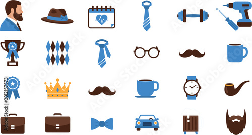 Photos Men's Lifestyle and Accessories Icons: Hats, Ties, Beards, Tools, Coffee Cups, a
