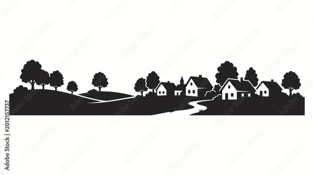 Obraz premium Black and white silhouette of a picturesque village with houses, trees, hills, and a winding path, depicting a serene rural landscape.
