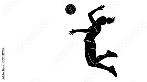 Silhouette of a female volleyball player jumping high to spike the ball during an intense game or practice session.