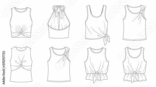 Collection of eight line art illustrations depicting various women's sleeveless tops with unique knot and tie details, fashion flats for apparel design.