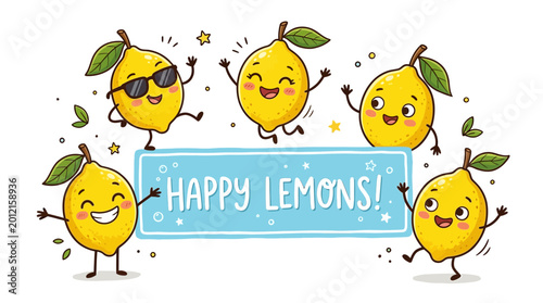 Cartoon lemons characters dancing around happy lemons sign