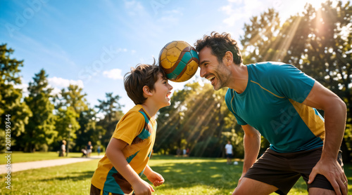 Father and son playing with a soccer ball in a sunny park. Dad and child holding the ball between their foreheads. Family bonding and outdoor recreation concept for Father's Day