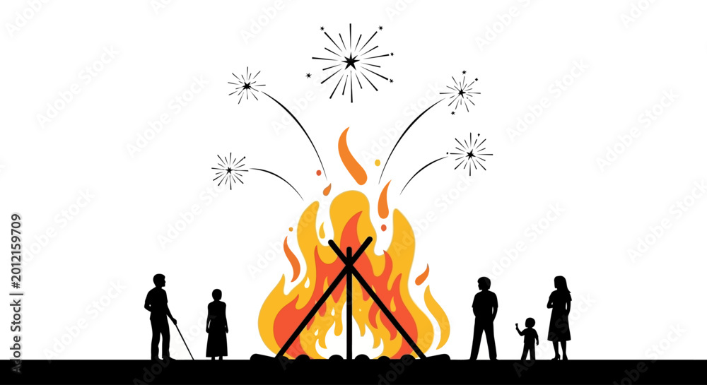 Obraz premium Vibrant Bonfire Flames Centerstage Silhouetted Figures Around Fire.