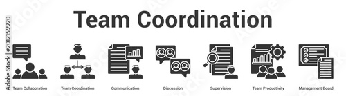 Foto Team Coordination web banner icon set vector illustration concept for business with icon of Team Collaboration, Team Coordination, Communication, Discussion, Supervision, Team Productivi