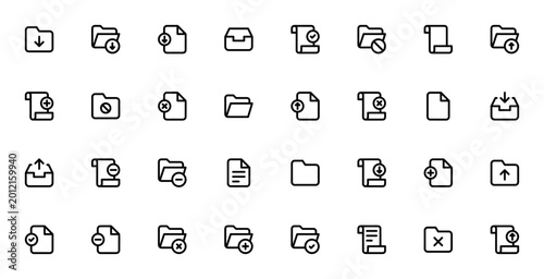 File and folder icon set. Minimal vector icons pack. Includes save file, inbox, archive, document, upload file, data storage and more. Editable thin line stroke.